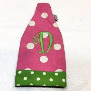 Embroidered "D" Monogram Koozie Cloth Drink Holder Pink Green White 4x8.5"